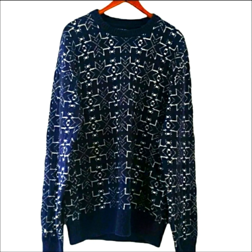 French Connection Mens Crewneck Cotton Sweater Blue with White Snowflakes